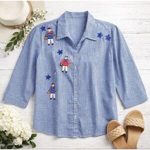 Lanie NY Women's Blue White Gingham Sailor Embroidered Blouse Nautical Large